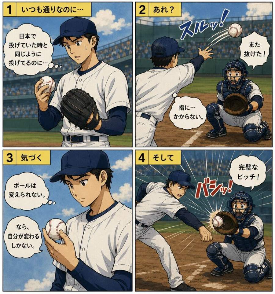 メジャーの滑るボールに気づいた投手の4コマ漫画