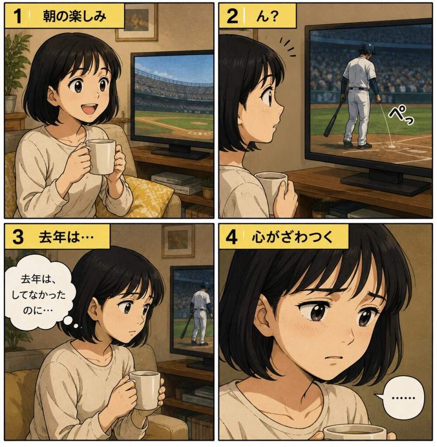 メジャー中継で選手の唾吐きに気づく女性の4コマ漫画